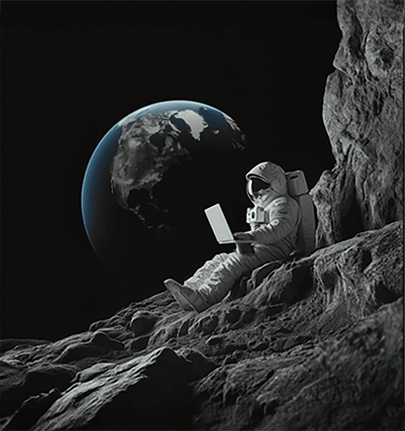 Astronaute sur la lune avec un ordinateur Astronaute sur la lune avec un ordinateur